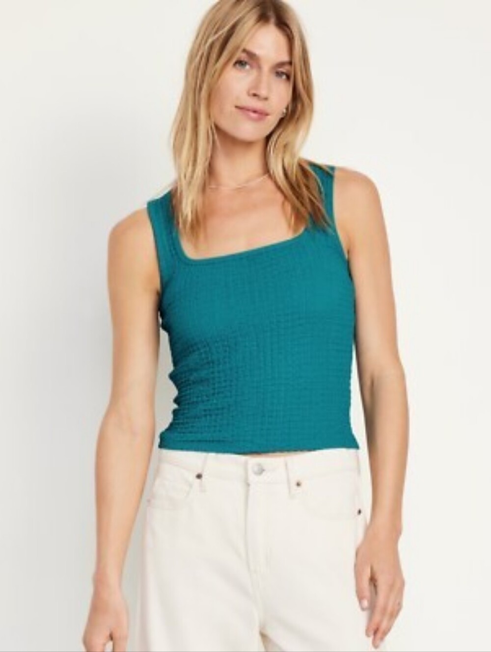 Old Navy Teal Blue Smocked Textured Square Neck Tank Top Size Large - Picture 1 of 7